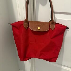 Longchamp Red Shoulder Bag with Brown Accents